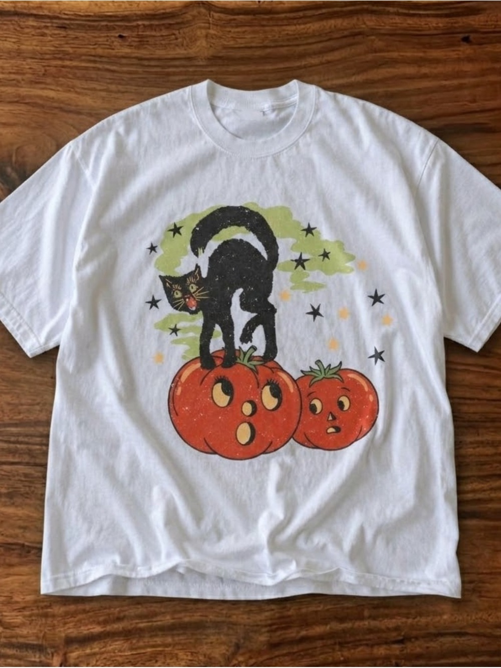 Gildan White Tee with Black Cat and Orange Pumpkins